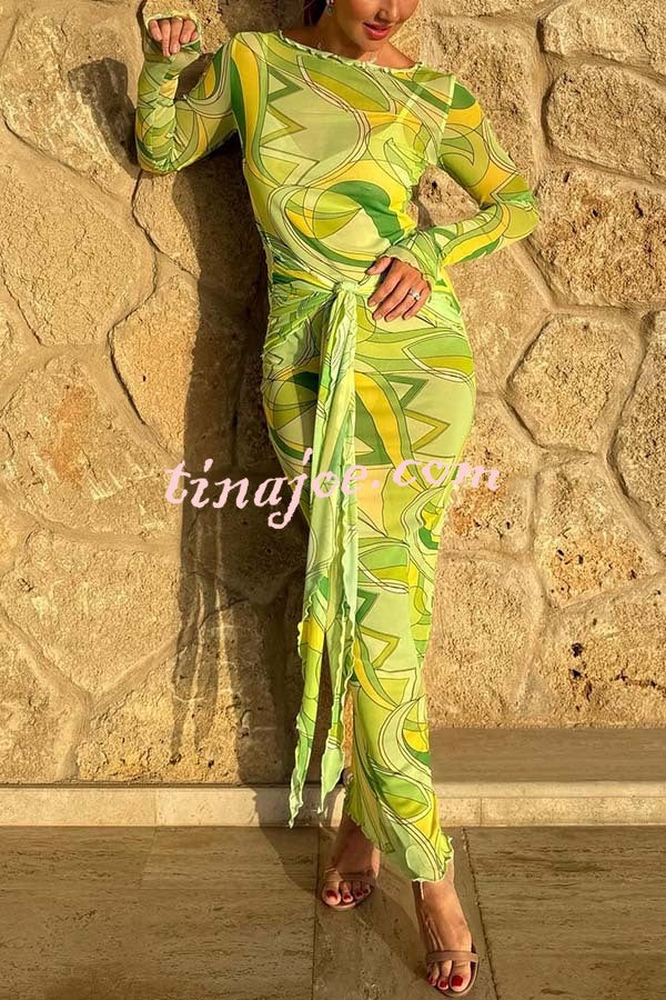 Nessie Mesh Unique Print Tie-up Waist Long Sleeve Stretch See-Through Maxi Dress
