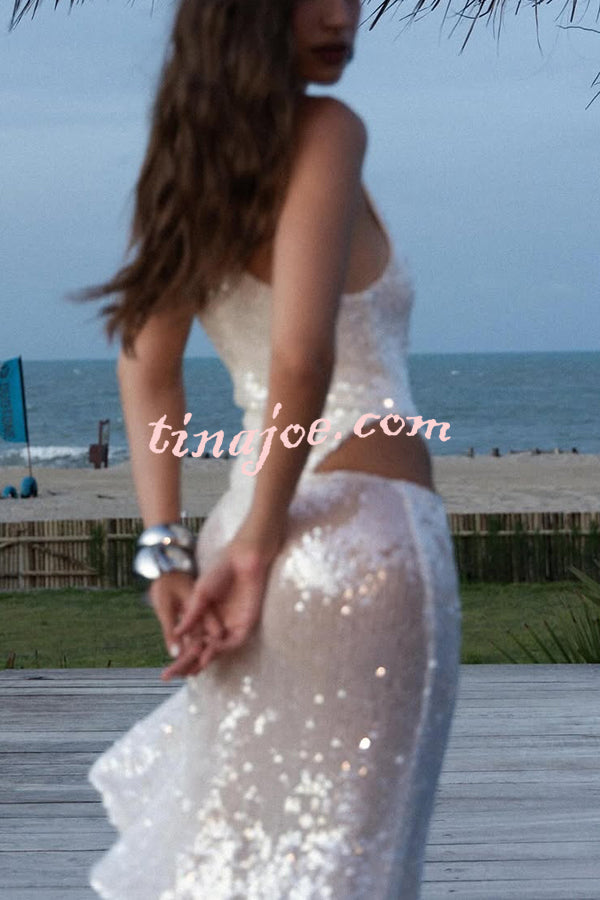 Fashion Sequin Sleeveless Fitted Rompers and Holiday Slit Maxi Skirt Set