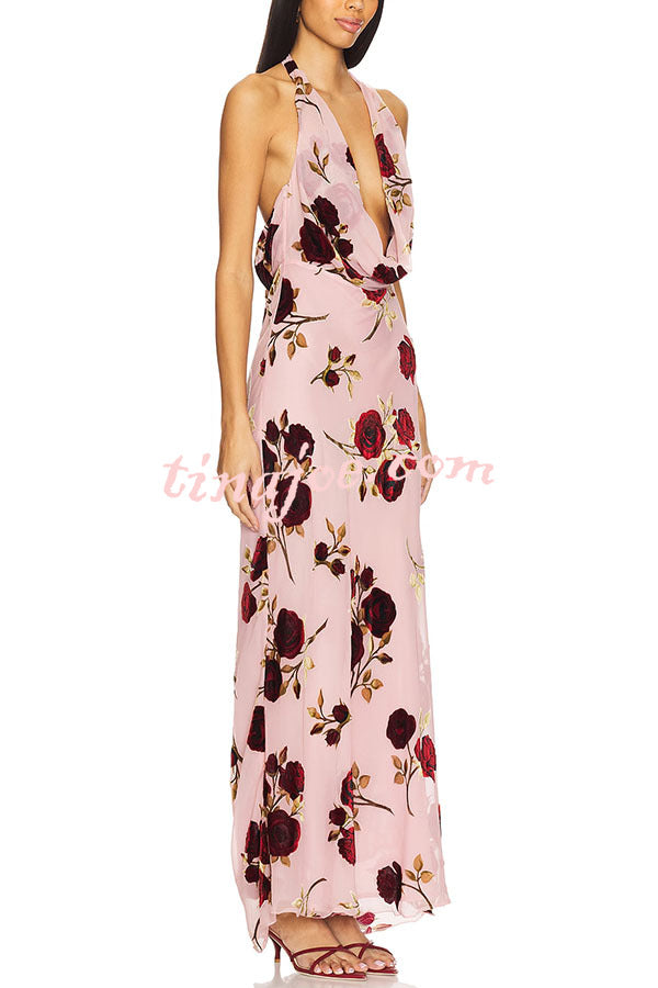 Rose Secret Printed Cowl Neck Halter Backless Maxi Dress