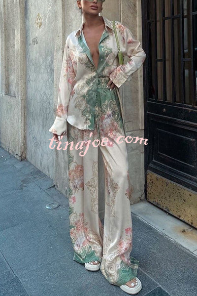 Antibes Satin Court Unique Printed Long Sleeve Loose Shirt and Elastic Waist Pants Set