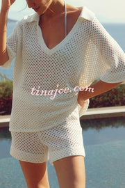 Fashion Hollow V-neck Short-sleeved Top and Elastic Waist Casual Shorts Set