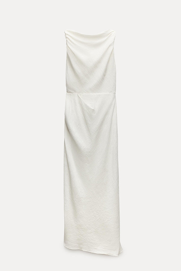 Sculptural Effect Linen Blend Twisted Shoulder Strap Drape Maxi Dress