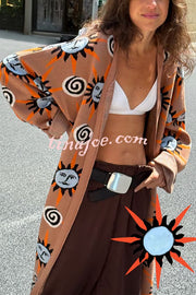 Mediterranean Art Knit Unique Sun Vortex Print Bell Sleeve Long Cardigan