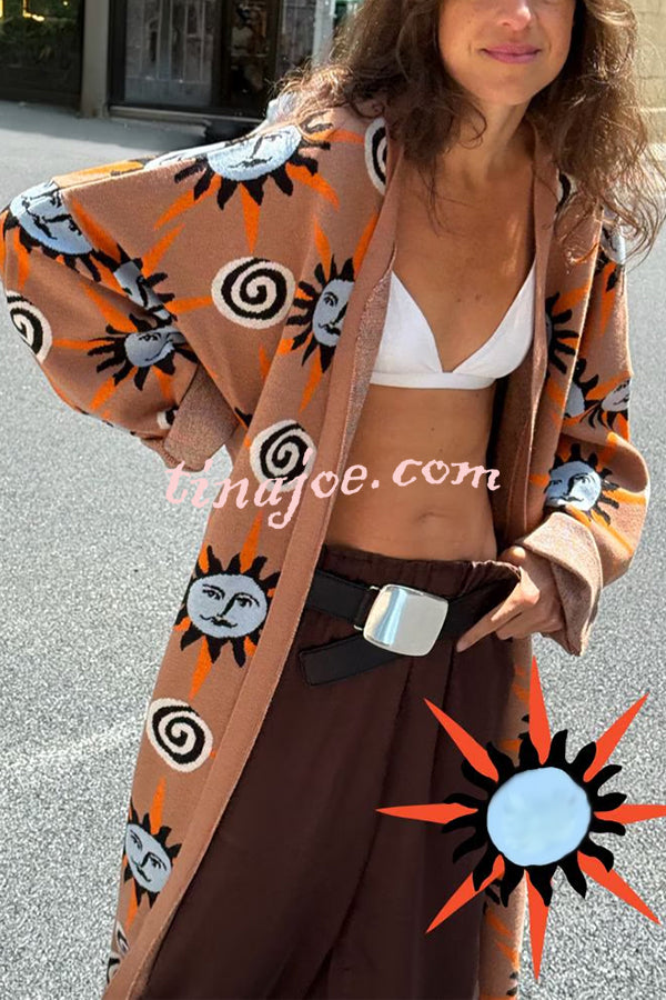 Mediterranean Art Knit Unique Sun Vortex Print Bell Sleeve Long Cardigan