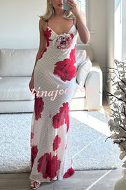 Vanna Poka Dot Floral Print 3D Flower Detail Slip Maxi Dress
