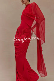 Fashionable Mesh Shawl Sleeveless Slim Fit Pleated Maxi Dress