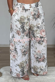 Linen Blend Crew Neck Long Sleeve Irregular Loose Top and Elastic Waist Floral Print Casual Pocket Set