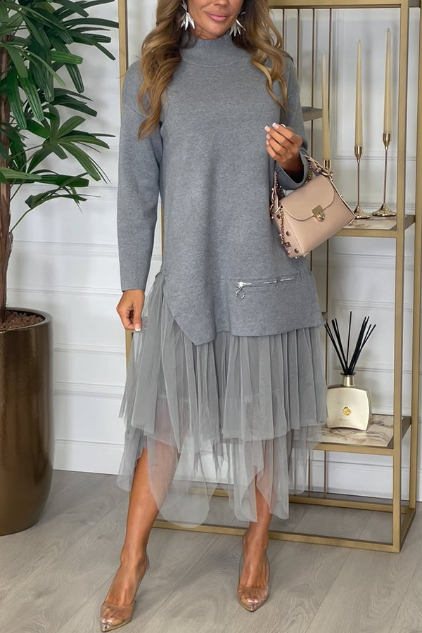 Taylor Knit High Neck Zip Top Patchwork Layered Tulle Loose Midi Dress