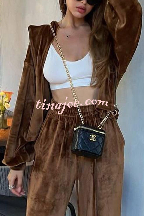 Velvet Casual Zip-up Hooded Top and Elastic Waist Wide Leg Pants Set