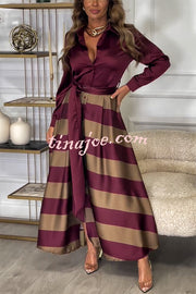 Lindsey Satin Colorblock Contrast Long Sleeve Belted Shirt Maxi Dress