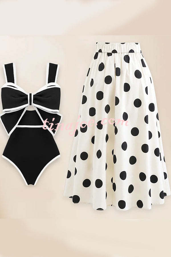 Bow Swimsuit and Elastic Waist Spotted One Piece Swimsuit + Skirt