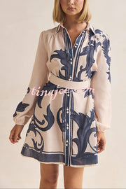 Botanical Print Lapel Puff Sleeve Vintage Belt Loose Mini Dress
