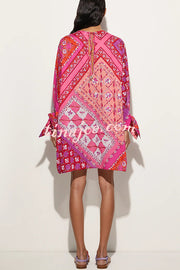 Micah Satin Unique Print Slit Tie-up Sleeve Shift Kaftan Mini Dress