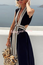 Fashionable Lock-edge Printed V-neck Lace-up Holiday Cover-up Robe