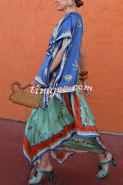 Surrealist Summer Satin Unique Print Tie-up Details Layered Hem Scarf Maxi Dress