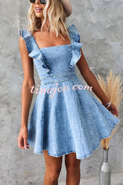 Sweet Secret Denim Square Neck Ruffle Sleeve Stretch Mini Dress