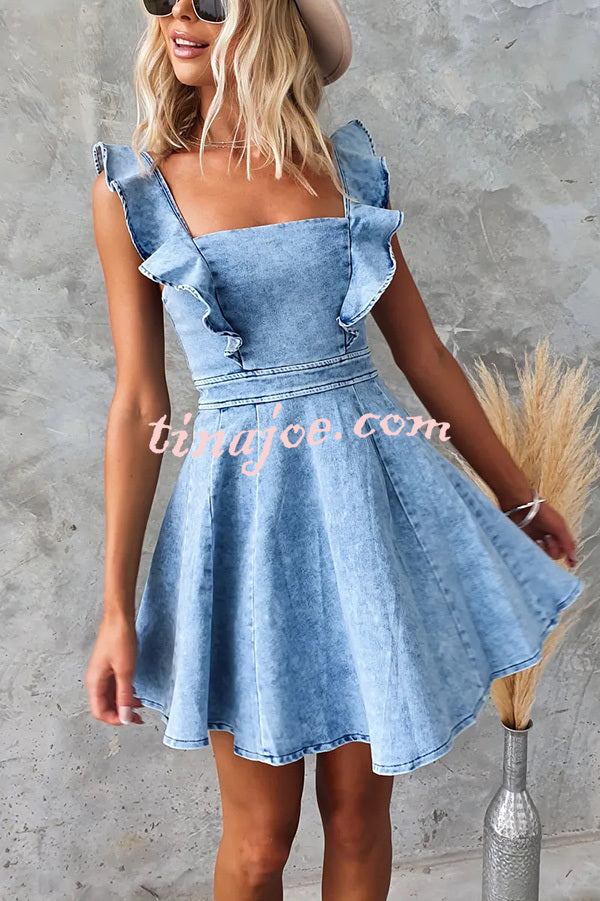 Sweet Secret Denim Square Neck Ruffle Sleeve Stretch Mini Dress