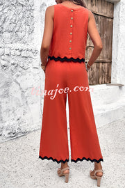 Wave Trimmed Round Neck Buttoned Elastic Waist Pants Suit