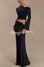 Ainsley Floral Hardware Asymmetrical Long Sleeve Stretch Top and Mid Rise Maxi Skirt Set