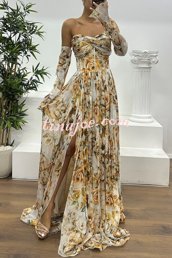 Reina Chiffon Floral Print Pleated Bodice Split Sleeve Strapless Slit Maxi Dress