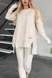 Solid Color Crew Neck Long Sleeve Top and Casual Stretch Pants Set