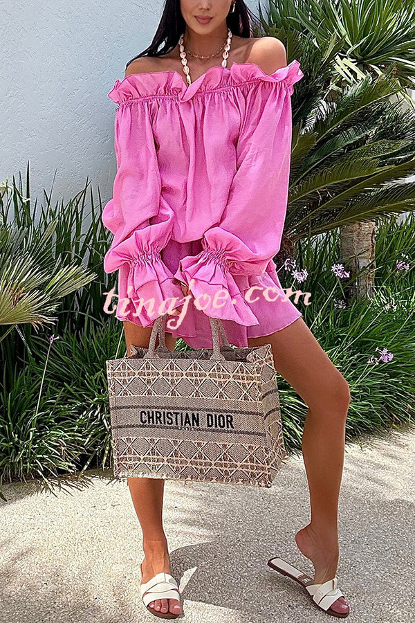 Arnell Linen Blend Off Shoulder Balloon Sleeve Shirt and Elastic Waist Layered Shorts Set