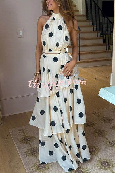 Gift To You Polka Dot Print High Neck Sleeveless Top and Layered Hem Maxi Skirt Set
