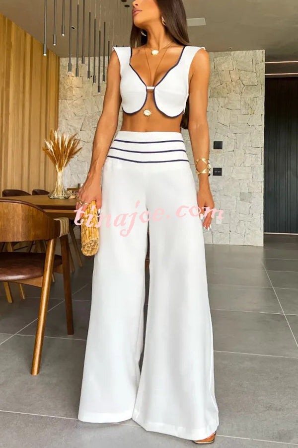 Solid Color Sexy V-neck Sleeveless Top and High-waisted Loose Pants Set