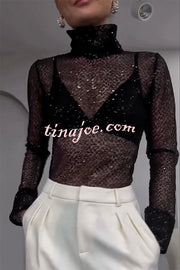 Shimmering Twilight Sequin Turtleneck Long Slit Sleeve H-line Blouse