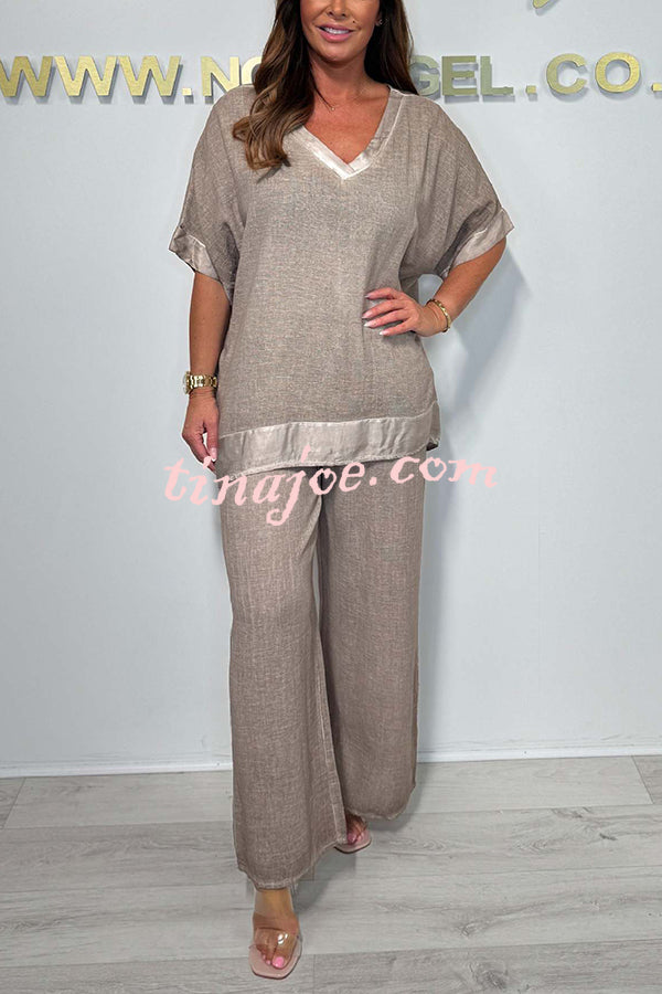 Fashionable V-neck Short-sleeved Loose Top and Elastic Waist Casual Wide-leg Pants Set