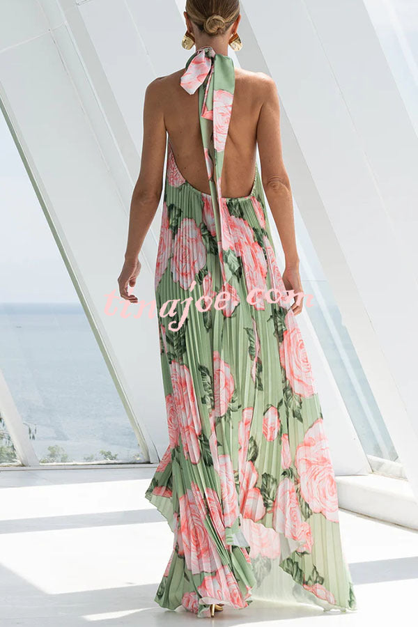 Opera Pleated Floral Halter Asymmetric Hem A-line Maxi Dress