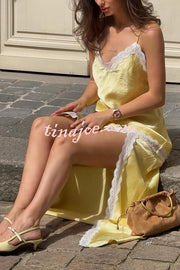Sweet Trend Satin Lace Trim V-neck Slit Slip Maxi Dress