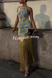 Unique Print Sleeveless Fitted Fringed Hem Maxi Dress