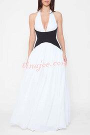 Fashionable Color Matching Sexy Halter Neck Waist Maxi Dress