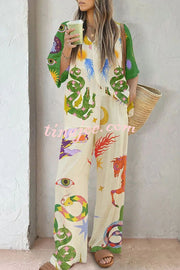 Reeves Linen Blend Unique Print Oversized Blouse and Elastic Waist Pocketed Wide Leg Pants Set