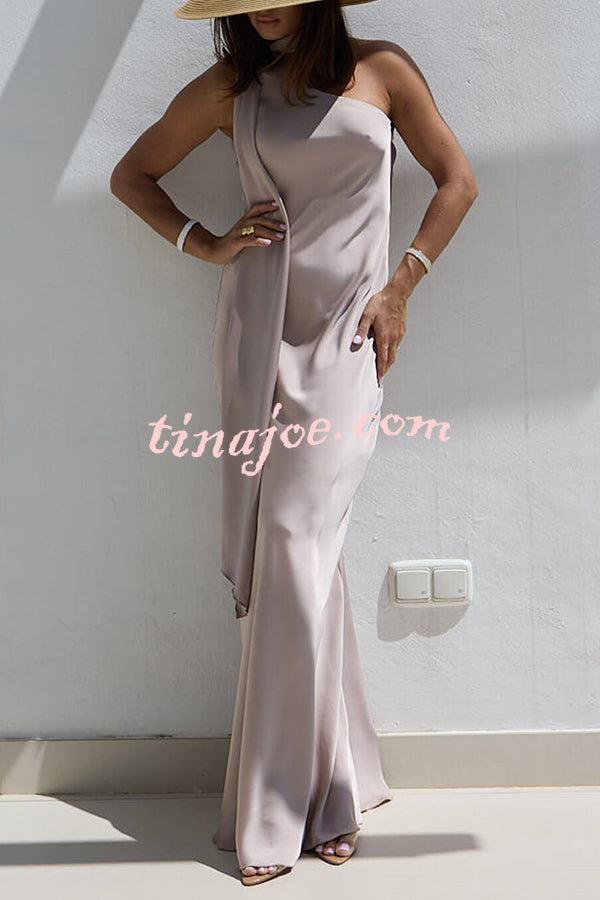 Cheers Babe Satin Solid Color Elegant One Shoulder Tie Maxi Dress