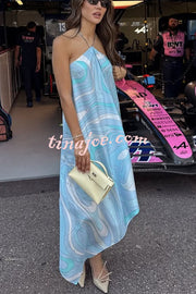 Elmhurst Satin Unique Print Chain Halter Draped Scarf Midi Dress