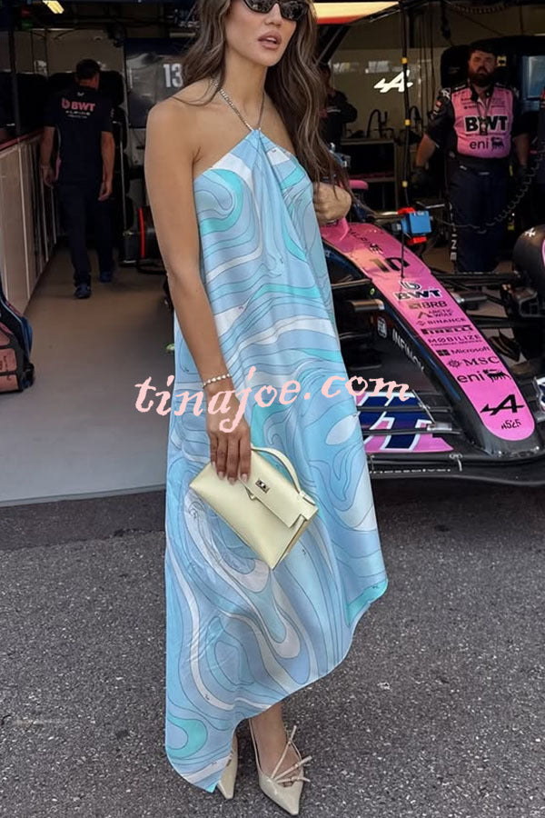 Elmhurst Satin Unique Print Chain Halter Draped Scarf Midi Dress