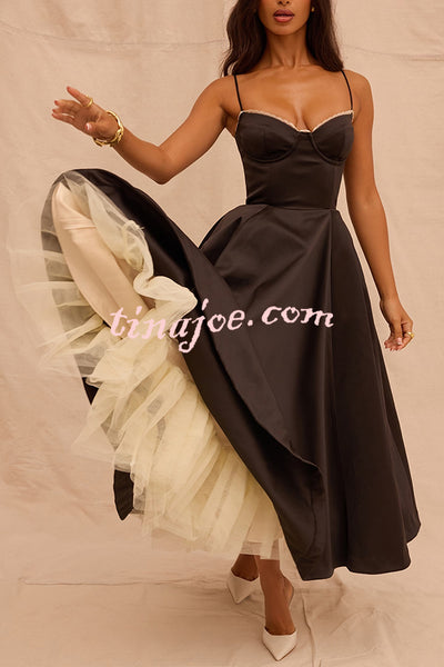 Fairytale Vibe Satin Patchwork Tulle Sweetheart Neck Pocket Stretch Midi Dress