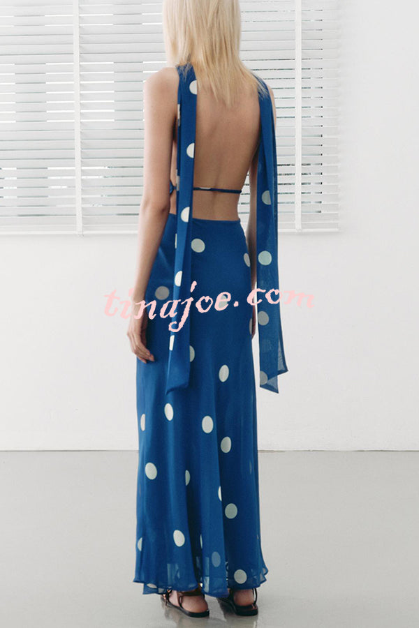 Fashion Polka Dot Print Sexy Halter Neck Backless Maxi Dress