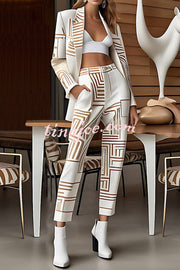 Unique Print Lapel Long-sleeved Suit Jacket and Loose Pocket Pants Set