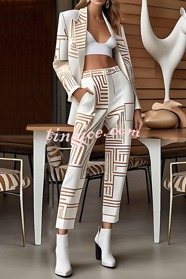 Unique Print Lapel Long-sleeved Suit Jacket and Loose Pocket Pants Set