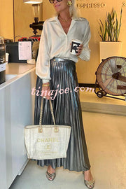 Fashionable Metallic Pleated Back Elastic Waist Maxi Skirt