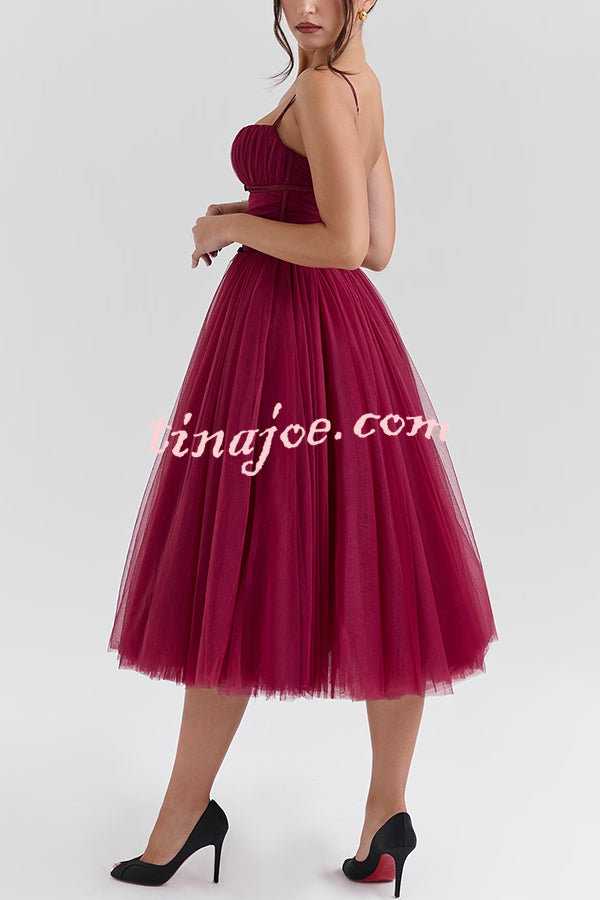 Royal Treatment Tulle Bows Detail Ruched Slip Midi Dress