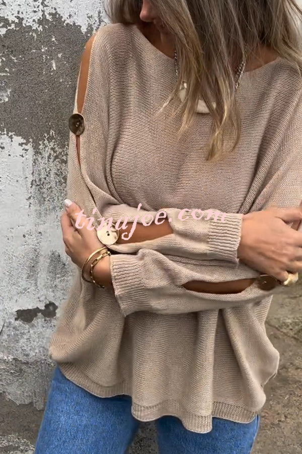 Solid Color Round Neck Hollow Long Sleeve Loose Knitted Sweater
