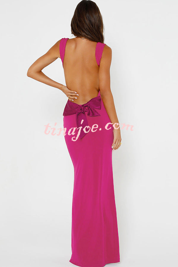 Sexy Backless Stitching Bow Slim Maxi Dress