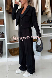 Fashion Lace Panel Long-sleeved Crop Top and Elastic Waist Tie Pocket Casual Pants Set