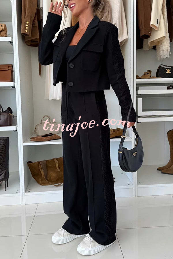 Fashion Lace Panel Long-sleeved Crop Top and Elastic Waist Tie Pocket Casual Pants Set