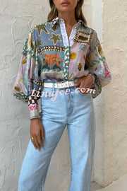 Fun and Nostalgic Unique Print Balloon Sleeve Button Loose Shirt