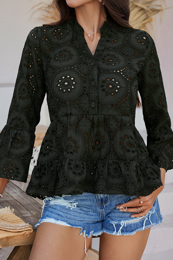 Solid Color Casual Resort Style Hollow V-neck Shirt